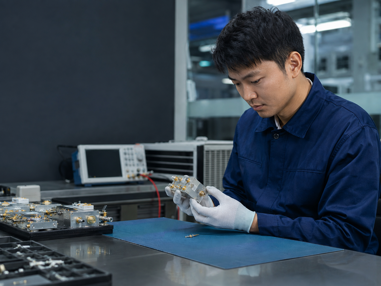Technician inspecting RF hardware in a quality control lab